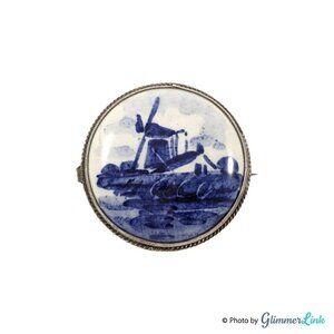 Vintage 835 Silver Handpainted Delft Holland Porcelain Round Rope Trim Brooch